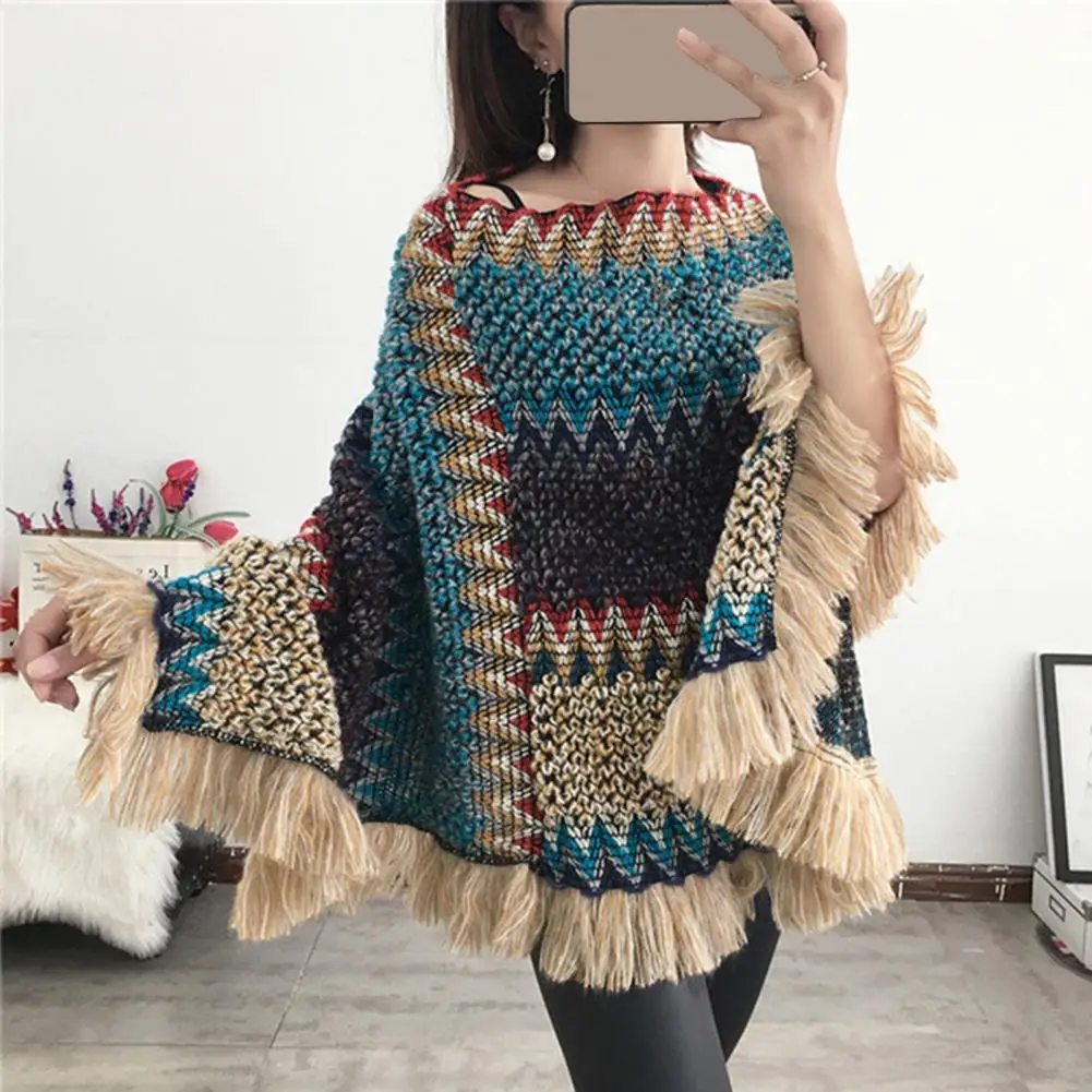 

Stylish Elegant Women Cape Coat Knitted Tassel Autumn Winter V Neck Colorful Irregular Hem Cloak Coat Sweater for Daily Wear