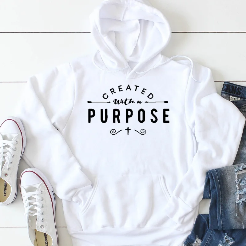 

Autumn Pullover Long Sleeve Jesus Religion Outwear Created with A Purpose Hoodies Women Christian Aesthetic Graphic