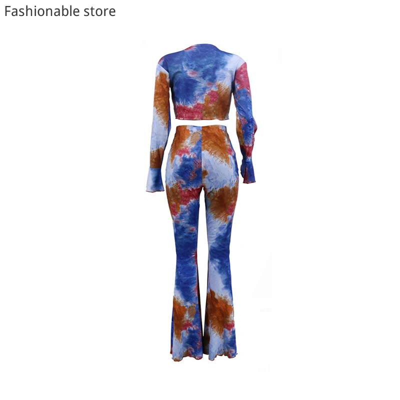 

Women Autumn 2pcs Suit Tie Dye Print V Neck Long Sleeve Top and High Waist Elastic Flare Pants Set