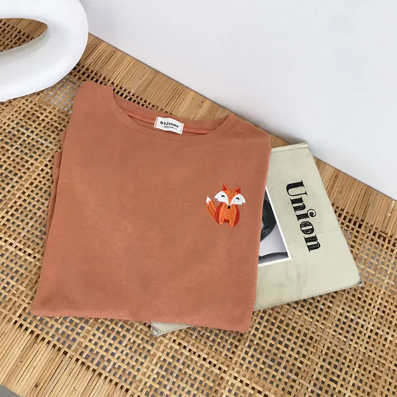 Оранжевый С рисунком из мультфильма, с нашивками в виде животных Женская Футболка harajuku Kawaii забавная Базовая хлопковая футболка на осень в Корейском стиле Chic свободные с длинным рукавом Femme - Цвет: Оранжевый