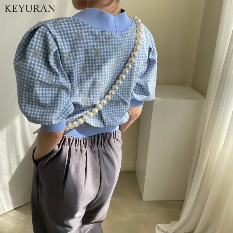 

Thin Knitted Cardigan Woman Summer V-neck Color Contrast Single Breasted Loose Casual Plaid Floral Print Puff Short Sleeves Tops