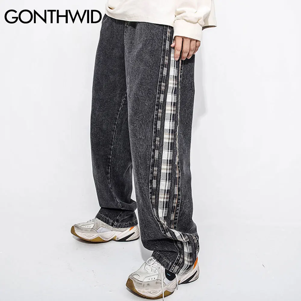 

GONTHWID Color Block Patchwork Plaid Denim Jeans Streetwear Men Hip Hop Casual Harajuku Pockets Loose Jean Pants Trousers Male