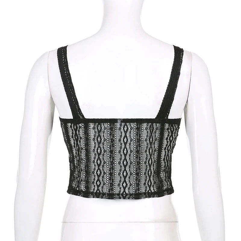 

Rockmore Gothic Black Lace See Through Crop Top Women Sexy Button Camis Corset Streetwear Tank Top Summer Goth Mini Vest Clothes