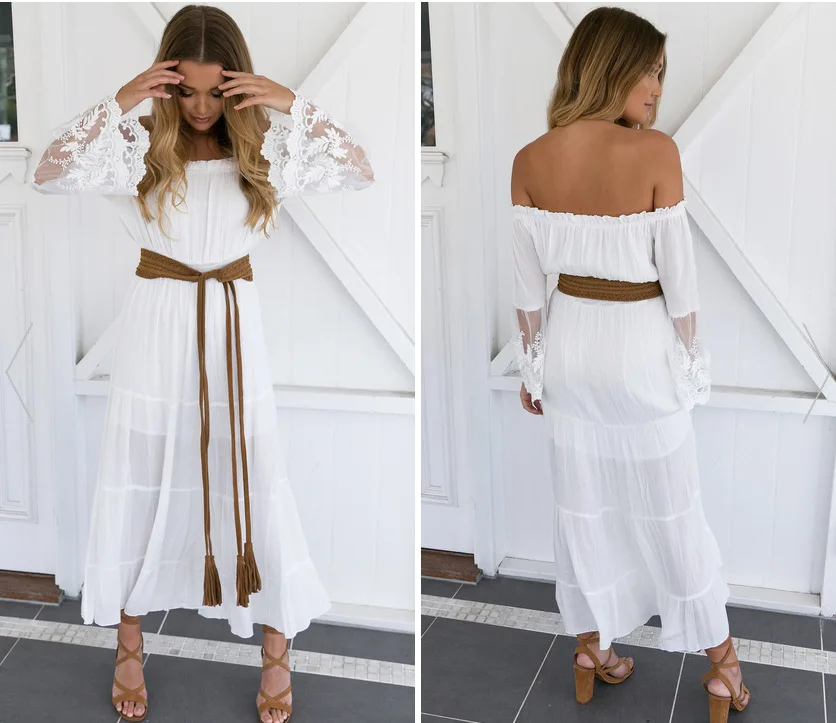 

2021 Women Pleated Long Party Dress Elegant Solid White Off Shoulder Chiffon Dress Sexy Slash Neck Mesh Embroidered Sleeve Dress