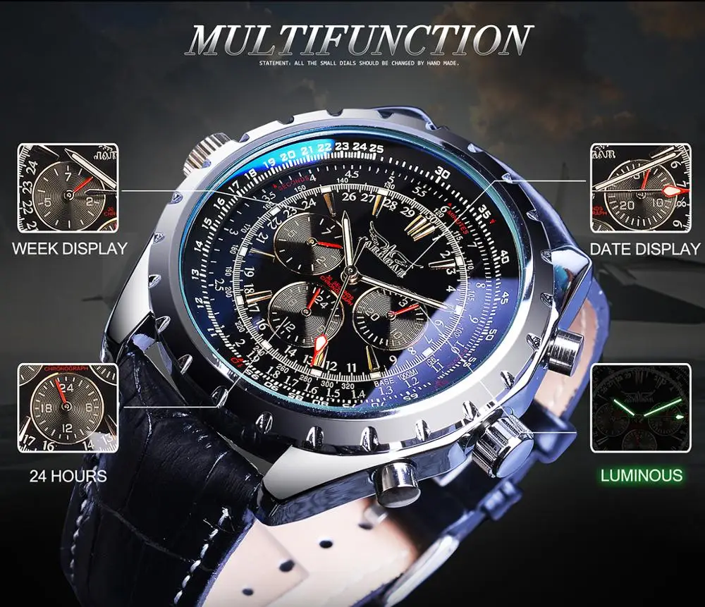 Jaragar автоматические механические Календарь спортивные часы пилот дизайн мужские