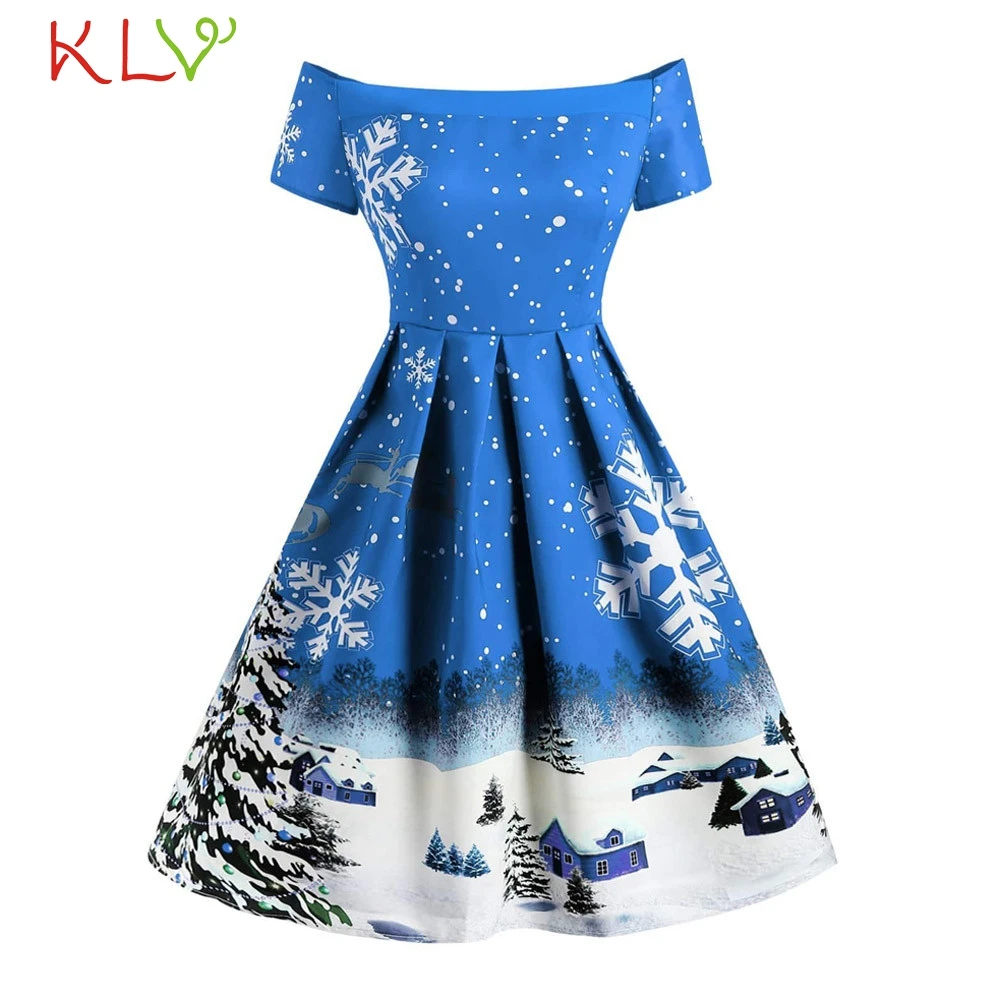 Рождественское платье с открытыми плечами винтажное вечернее принтом снежинки