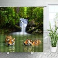 forest waterfall brown tiger shower curtains green plants trees wild animals decor home fabric bathroom bath curtain with hooks
