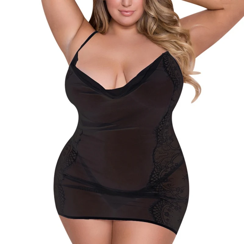

2021 Summer Plus Size Women Sexy Lingerie Transparent Dress Sukienki Vestidos Nightdress Suit Lace Perspective Lady N