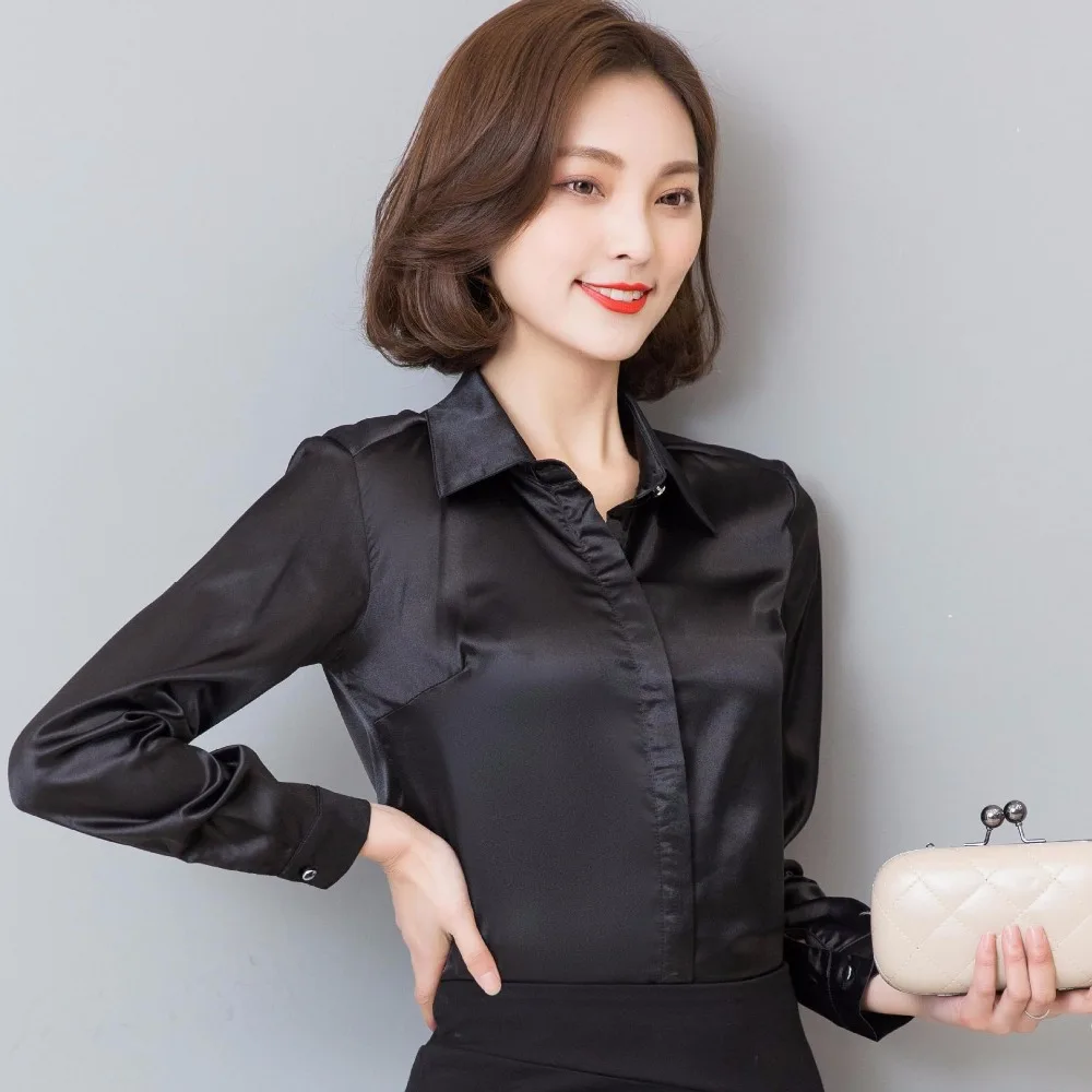 

Mulberry Silk womens slim fit official shirts with long sleeve turn down ladies work tops blouses spring autumn chemise camisa