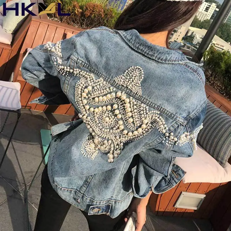 

women cotton winte coat Inspired Bead Embellished Denim jacket vintage jacket coat pearl 2021 outwear