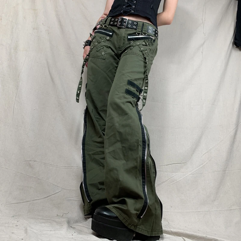 

y2k Grunge Green Zipper Jeans Bandage Low Waist Cargo Pants Gothic Punk Baggy Retro Kawaii Trousers Women Korean Sweatpants