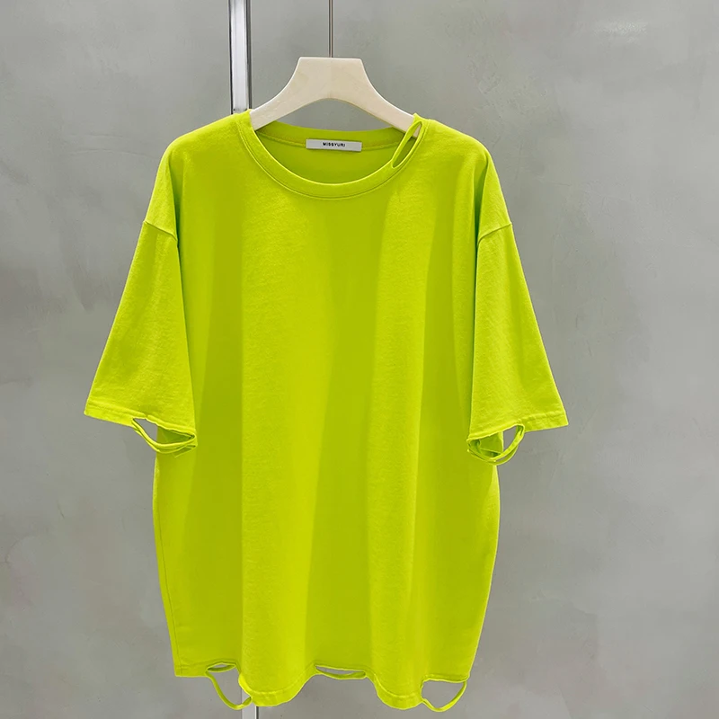 

2021 Spring Summer Short-Sleeved T-shirt Women's Loose Hole Round Neck Cotton New Solid Ins Ripped Inner T-Shirt