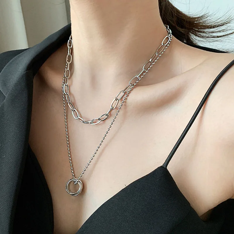 

925 Sterling Silver Double Layer Circle Necklace for Women Men Geometric Handmade Punk Style Jewelry S-N213