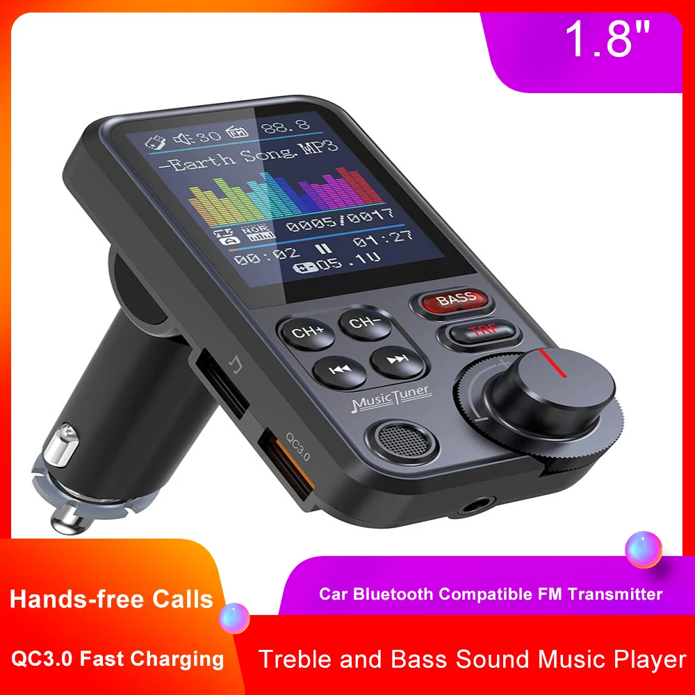 

1,8 "Беспроводной автомобиля Bluetooth FM передатчик Радио адаптер Aux QC3.0 зарядки ВЧ басов музыкальный плеер QC3.0 PD USB Зарядное устройство