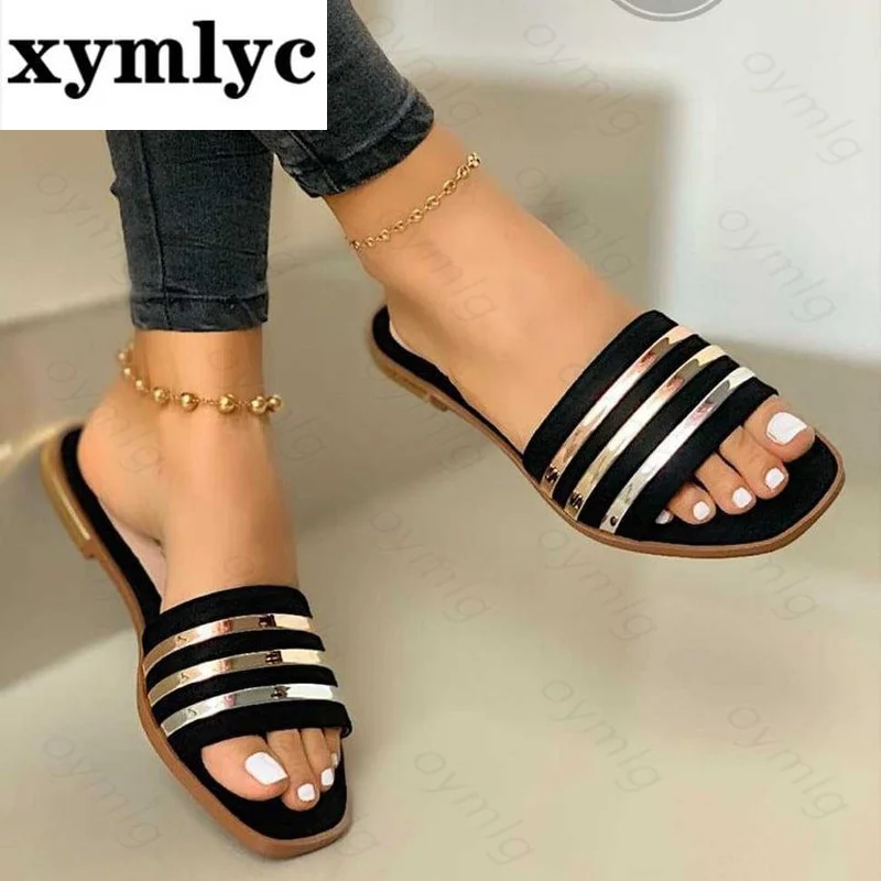 

Fashion Slippers for Women Summer Slip on PU Ladies Flat Shoes Casual Woman Striped Sandals Female Comfort Slides 2021