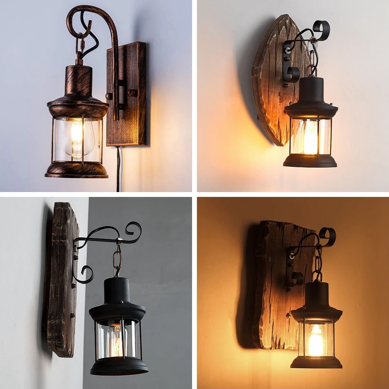 Outdoor Rustic Iron LED Wall Lamp Industrial Vintage Wood Glass Lantern Light Loft Cafe Bar Aisle Retro Decoration Wall Sconces