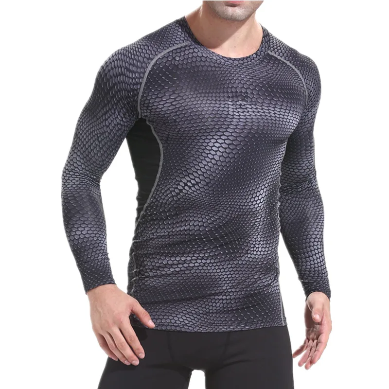 Wholesale 2021 Sports Men's Snake Texture Print Basketball Running Training Fitness Men's Long-sleeve Compression Tights Tshirt