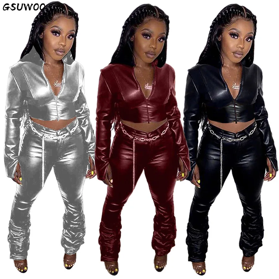 

GSUWOO Women Pu Leather Two Piece Set Casual Long Sleeve Zip Short Jacket Tops Stacked Pants Suit Outfit Party Club Matching Set