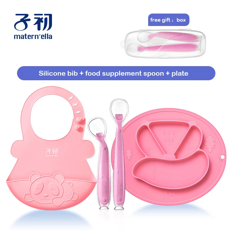 bib spoon bowel Matern'ella, 2 шт.+ коробка, Детские Силиконовые ложки, посуда для кормления, посуда для детей, столовые приборы, силиконовая ложка - Цвет: bib spoon bowel