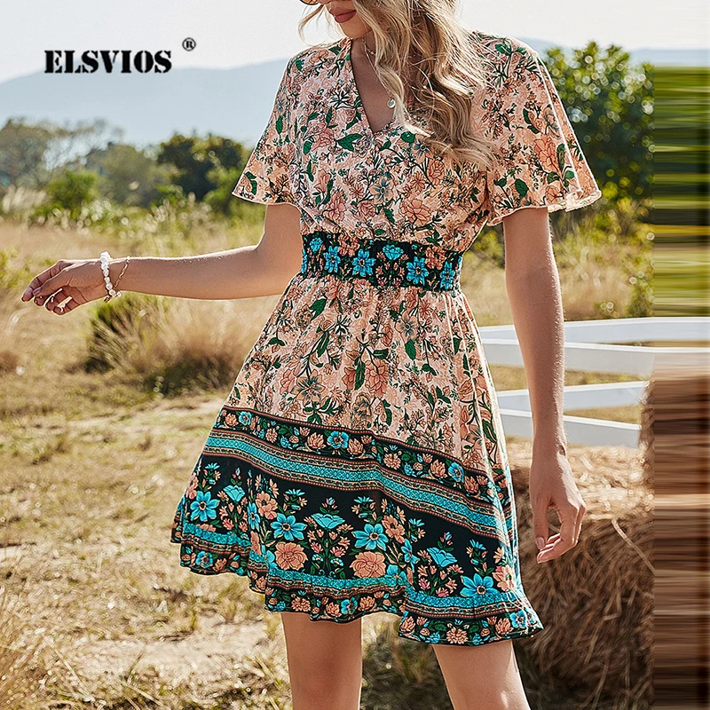 

High Waist V-Neck Short-Sleeve Bohemian Print Dress Summer New Floral Elastic Pleating Fashion Streetwear Elegant Women Clothing