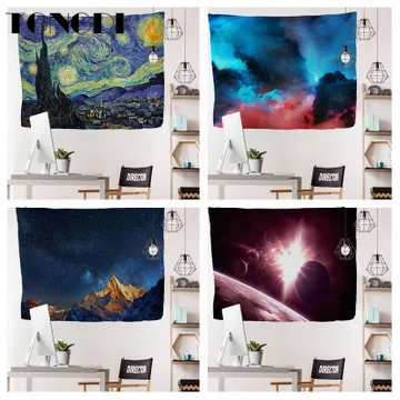 TONGDI Thickened Boho Tapestry Oil Landscape Painting Printing Wall Hanging Mat Decoration For Home Parlor  Bedroom Living Room
