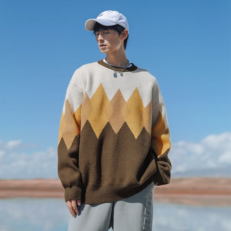 

Мужская одежда TFETTERS 2021, модный Повседневный свитер с круглым вырезом в стиле ретро, мужской свободный пуловер контрастной пары, свитер, зимн...