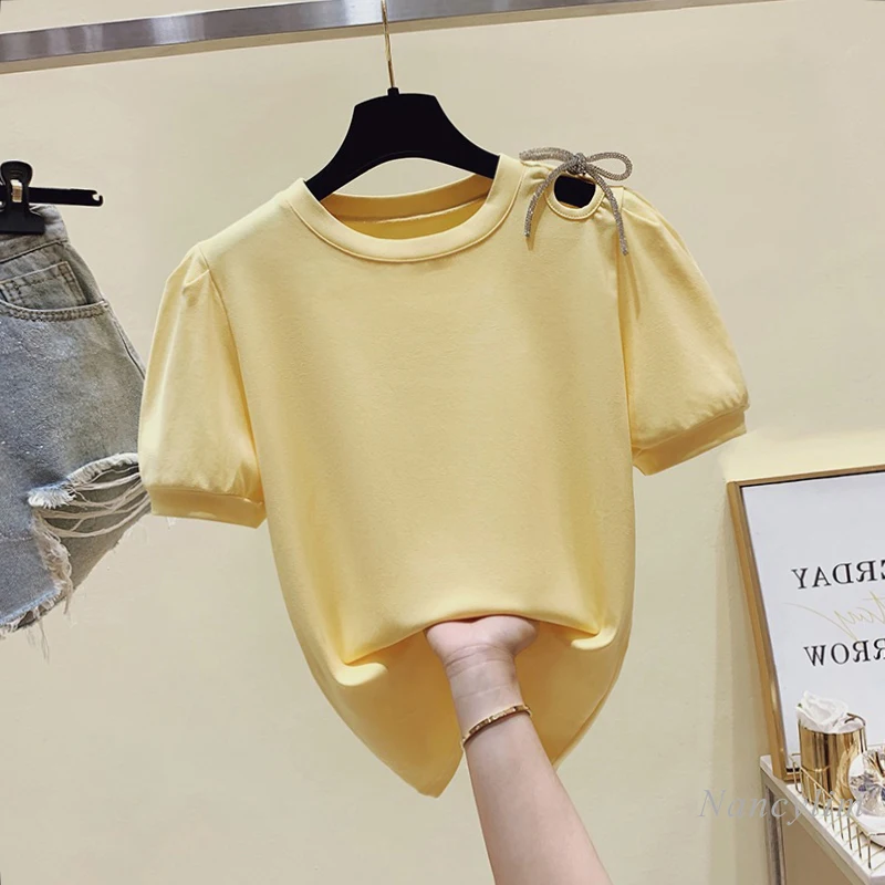 

Women's Cotton Short Sleeve T-shirt Women Summer Top 2021 New Design Diamond Bow Hollow-out Short Girl Ladies Tees