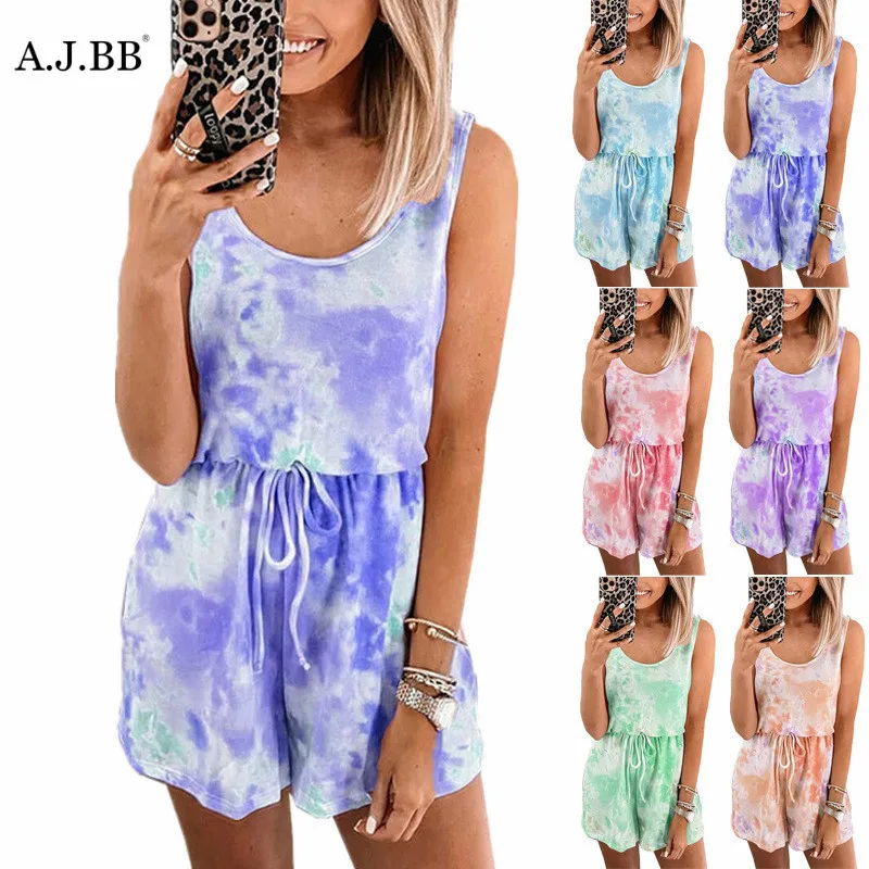 

European and American casual tie dye printed Jumpsuit fashion loose large U-neck sleeveless women's shorts