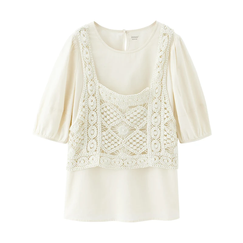 

INMAN Summer Women's Blouse Two-piece Suit Elegant Sweet Style Solid Color Round Neck Middle Sleeve Shirt Hollow Woven Vest