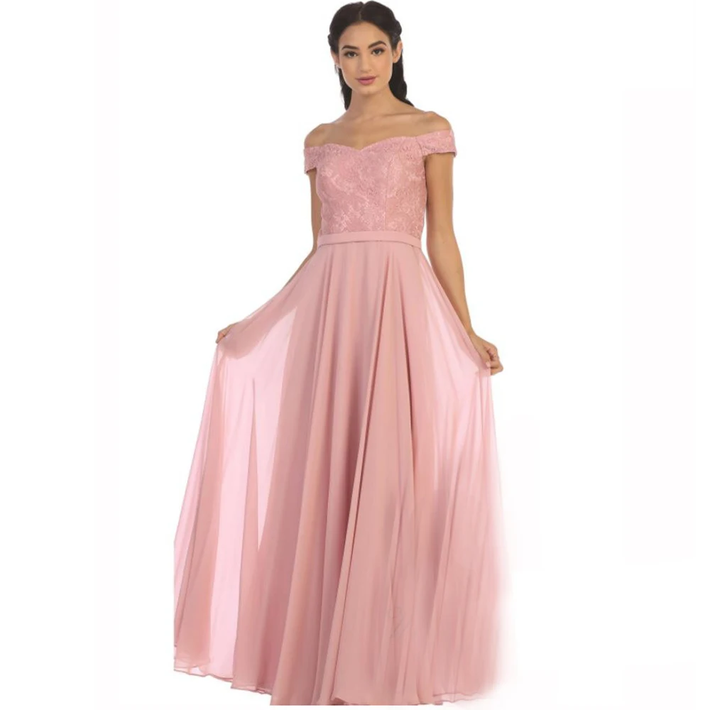 

Pink Chiffon A Line Prom Dresses Off The Shoulder Lace A Line Floor Length Party Formal Gowns Sexy Lady Normal Wear