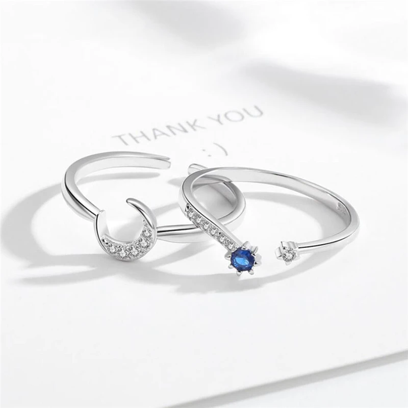 

Sole Memory Crystal Moon Stars Sweet Romance Couple Gift Silver Color Female Resizable Opening Rings SRI488