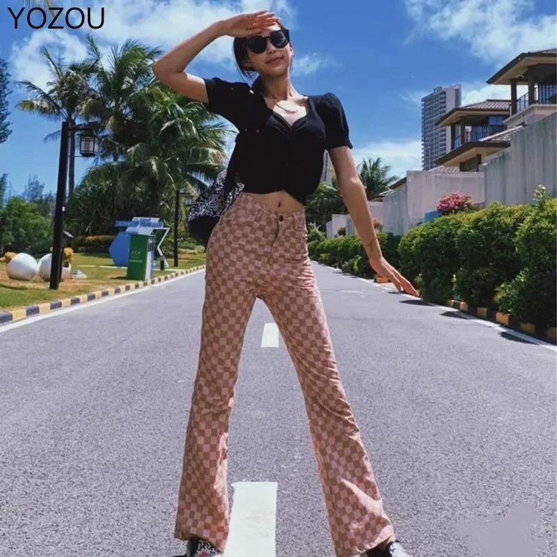 

YOZOU 2021 Vintage Ins Chic Pink Plaid High Waist Slim Long Flared Pants YL-455