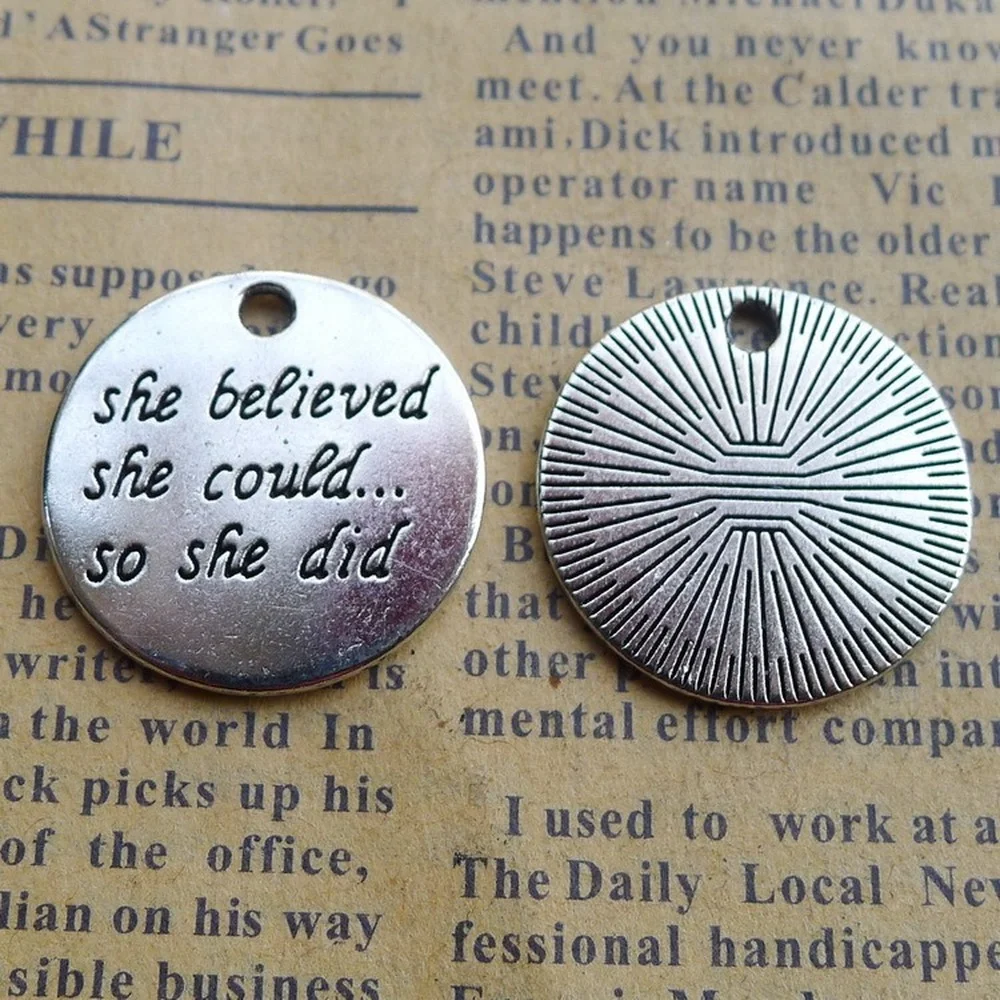 

100pcs She Believed Charms 22mm x 22mm DIY Jewelry Making Pendant Antique Silver Color