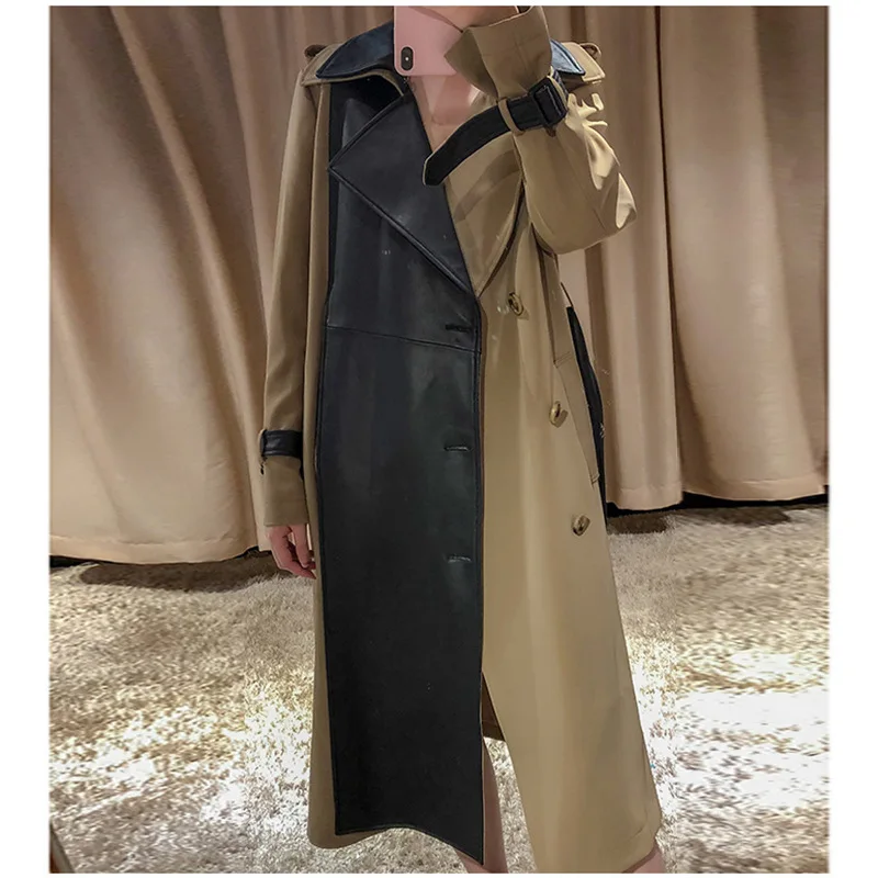 New pu leather windbreaker for women fashion British style retro long coat 2021 autumn chic spliced leather belted trench jacket