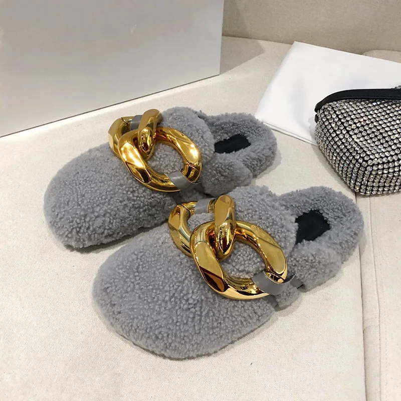 

2021 Winter Women's Slippers Golden Metal Decoration Falt Mullers Shoes Fashion Comfortable Indoor Real Wool Keeps Warm Slippers