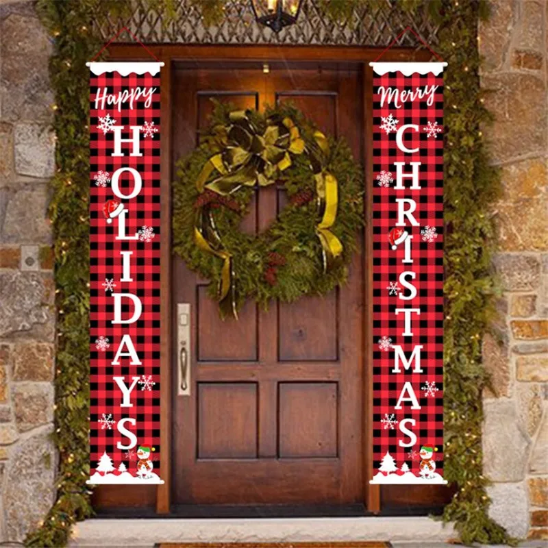 

Christmas decorations lattice curtain pull flag door Red grid streamer hanging party atmosphere decorate couplet pull flag