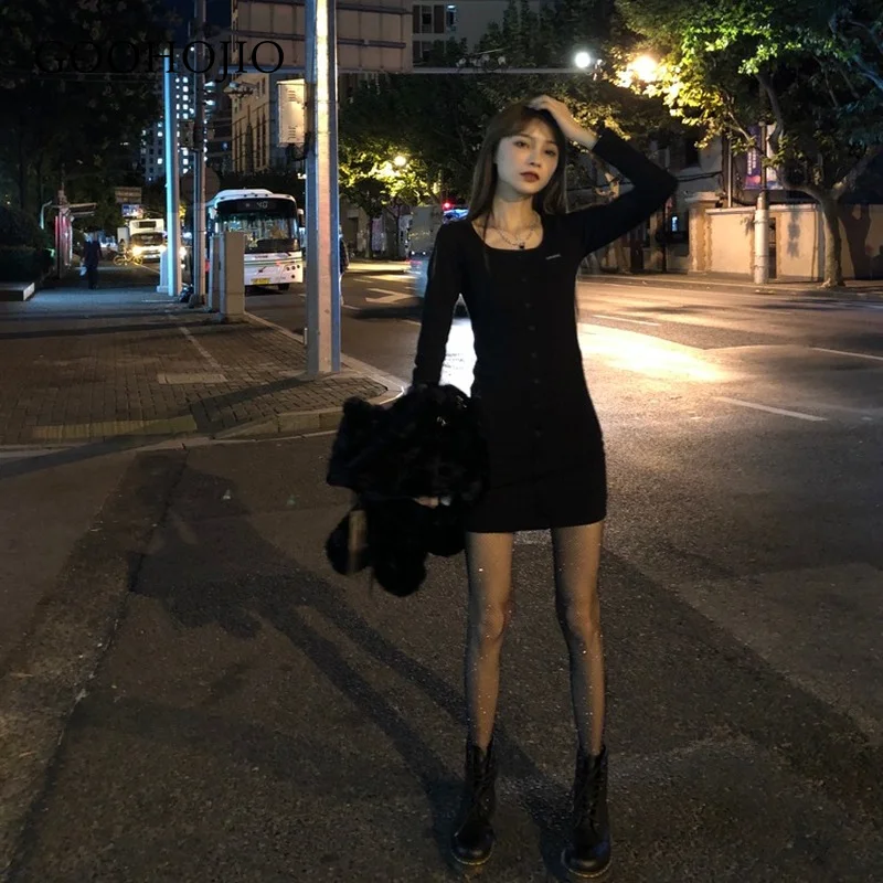 

GOOHOJIO 2021 New Spring and Autumn Tight Buttocks Dresses Women Long Sleeve Chic Dresses for Women Sexy Black Cool Women Dress