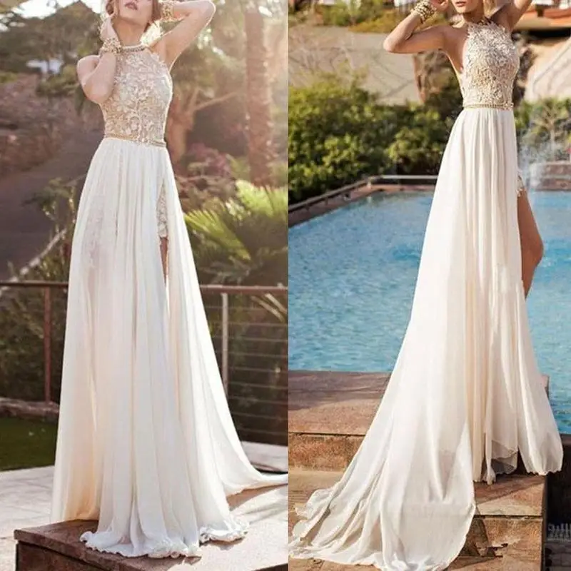 Женское кружевное платье с высокой талией белое ажурное длинное без рукавов