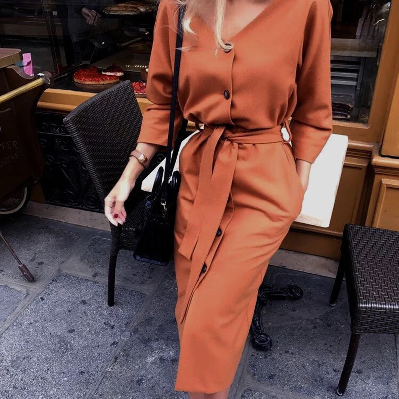 Women Sexy V Neck Sashes Button Dress Ladies Long Sleeve Party Midi Autumn Winter Casual Loose Elegant Dresses YL37 | Женская одежда