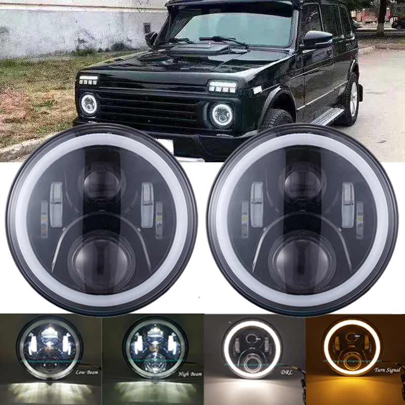 Светодиодные передние фары с гало 2 шт. дневные ходовые огни 7 дюймов для Jeep JK VAZ 2121