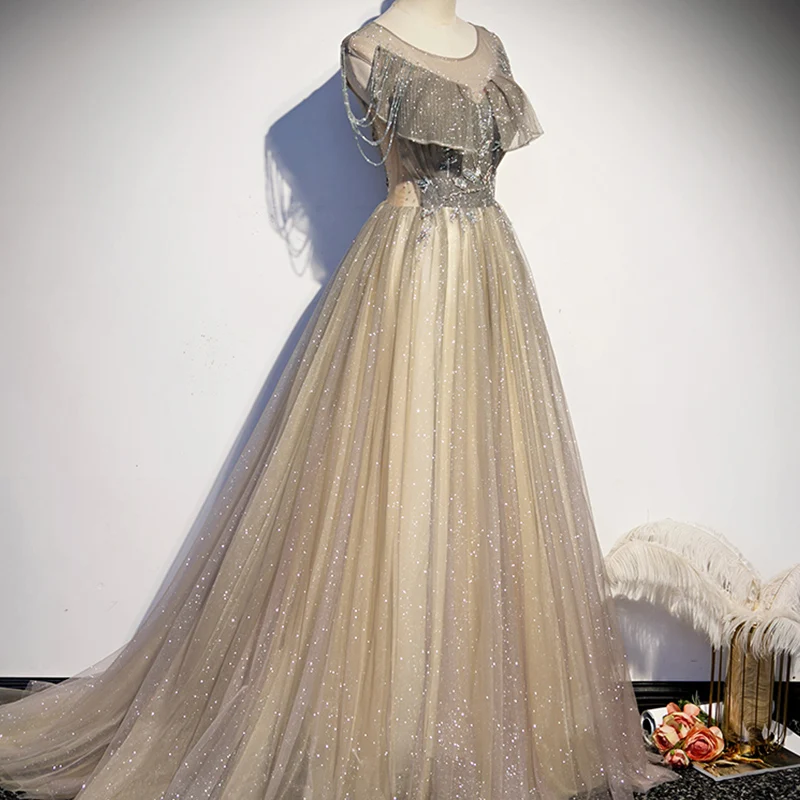 

Simple Round Neck Tassel Shoulder Evening Dress Exquisite Appliques Sequins Celebrity Party Gown Women Banquet Long Dress