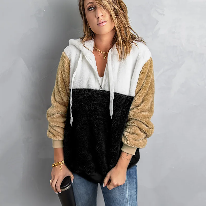

Contrast Color Sweater Women's Autumn and Winter New Zipper Half Open Long Sleeve with Pocket Thickened Hood
