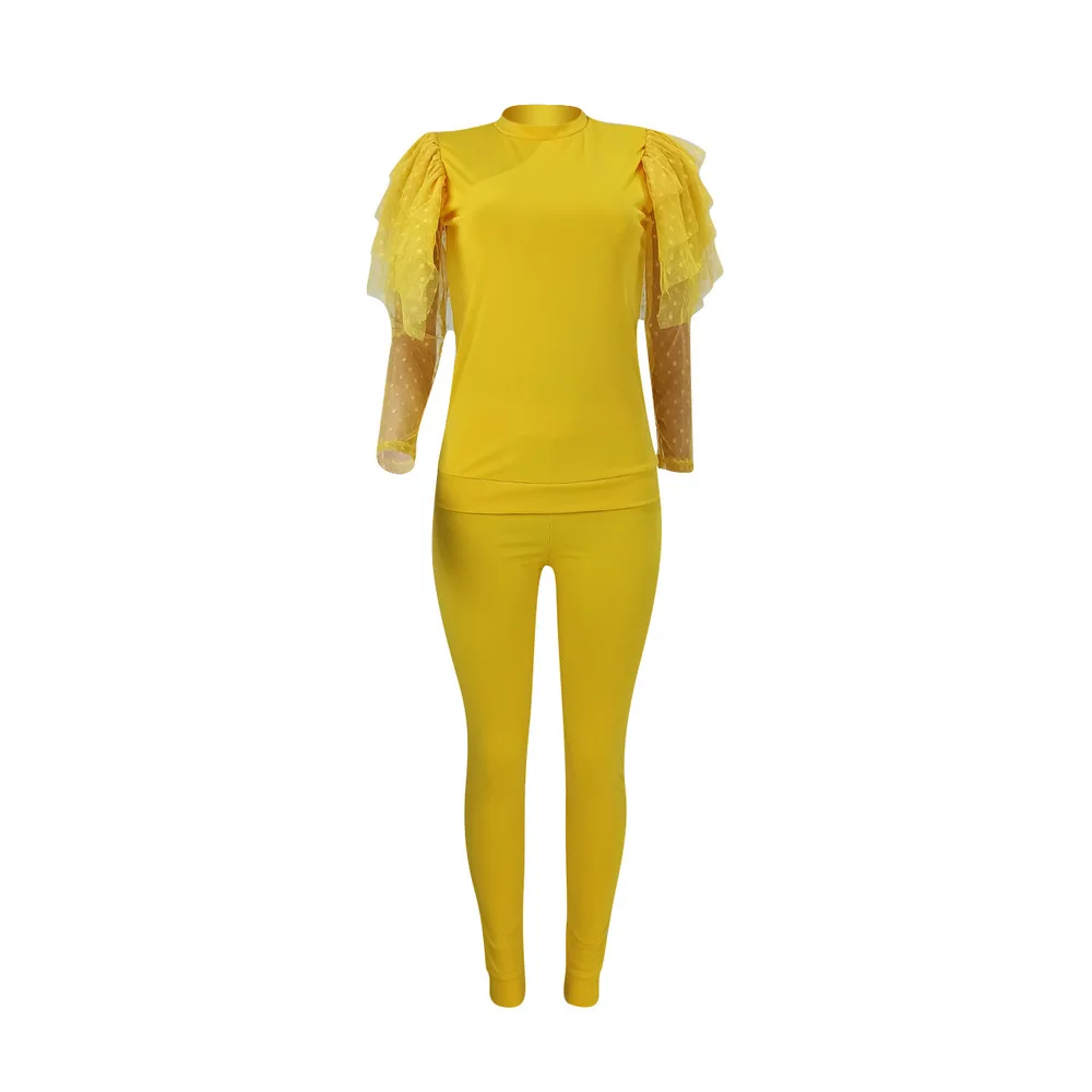 

Elegant Solid 2 Piece Matching Sets Autumn Clothes for Women Polka Dot Mesh Spliced Long Sleeve Pullover and Skinny Legging Suit