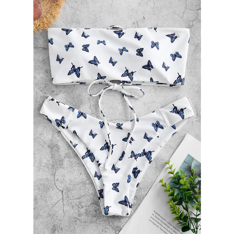ZAFUL Butterfly Print Lace Up Bandeau Bikini Swimwear Strapless Padded Bikinis Set Wire Free Women Swimwears Sexy Swimsuit 2020