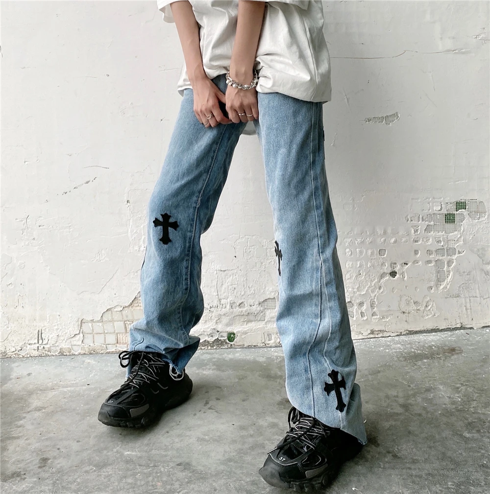 

New Summer Fashion High Street Women's Jeans Goth Hip-hop Cross-coated Denim Trousers Men Y2k Casual Denim Boot Cut Pants Unisex