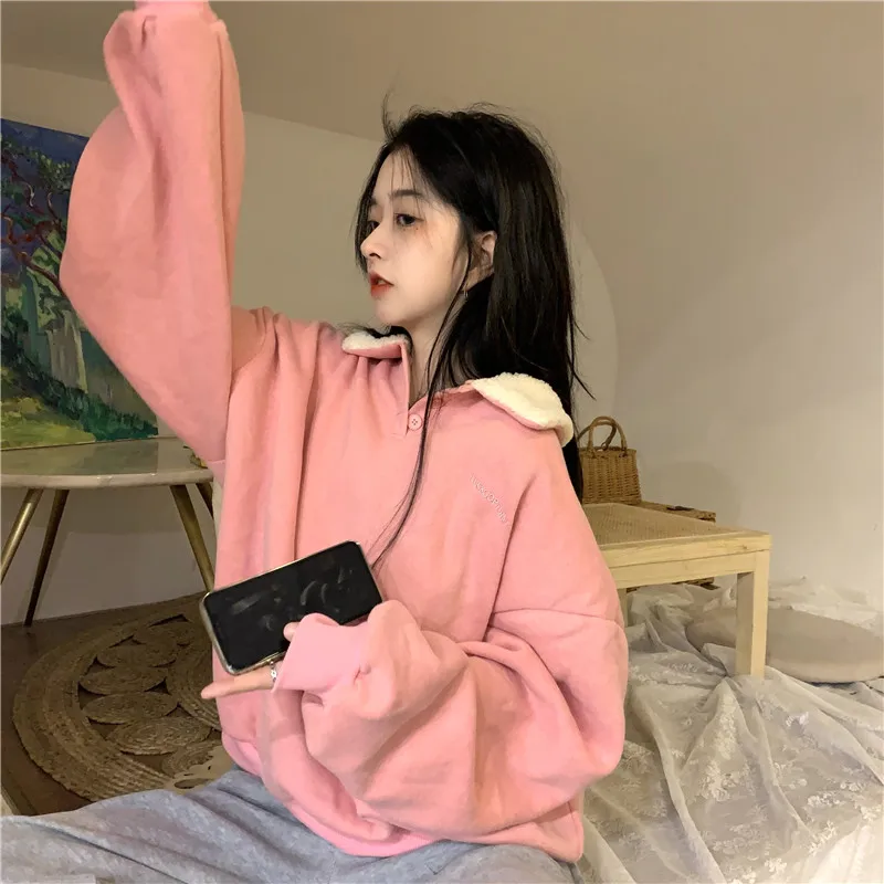 

Korean Fashion Pink Kawaii Sweatshirts Patchwork Turn-down Collar Pullovers Hoodies Womens Long Sleeve Sweatshirts Korean Top