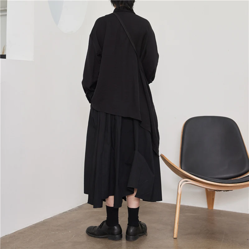 

[EAM] Women Black Irregular Big Size Long Blouse New Lapel Long Sleeve Loose Fit Shirt Fashion Tide Spring Summer 2021 1DD6538