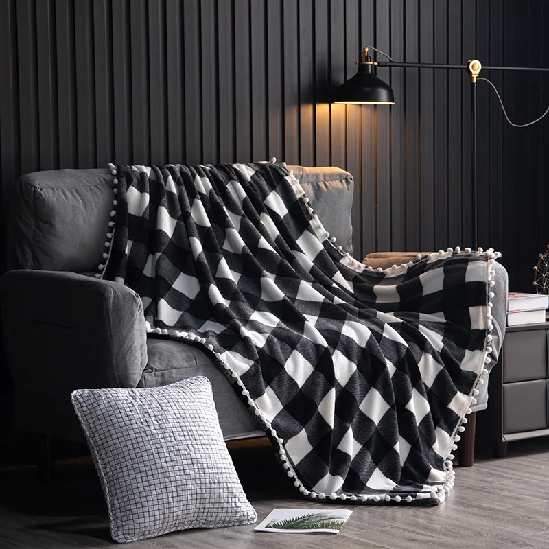 Plaid Flannel Throw Blanket with Pom Poms,Black White Checkered Blanket Throw ,Soft Plush Microfiber Blankets for Couch Sofa