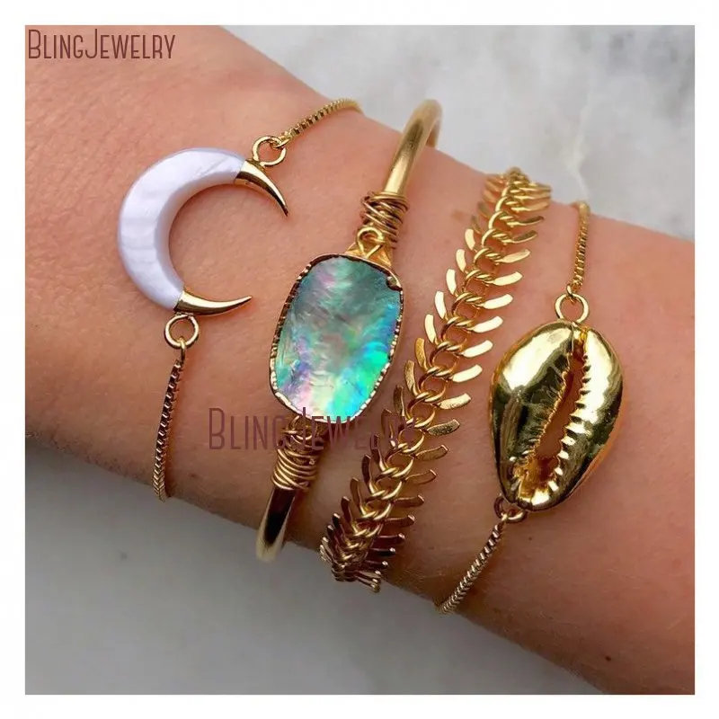 Золотой рыбья кость сырья Boho Chic Радужный Галиотис оболочки жесткий Браслет-манжета Белый полумесяц раковина Каури регулируемый браслет BM27548