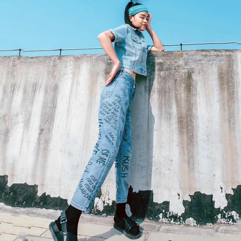 

New Jeans for Women Vintage Washed Jeans Fashion Letter Print Jeans Harajuku Graffiti Jeans Loose High Waist Pants Man Jeans